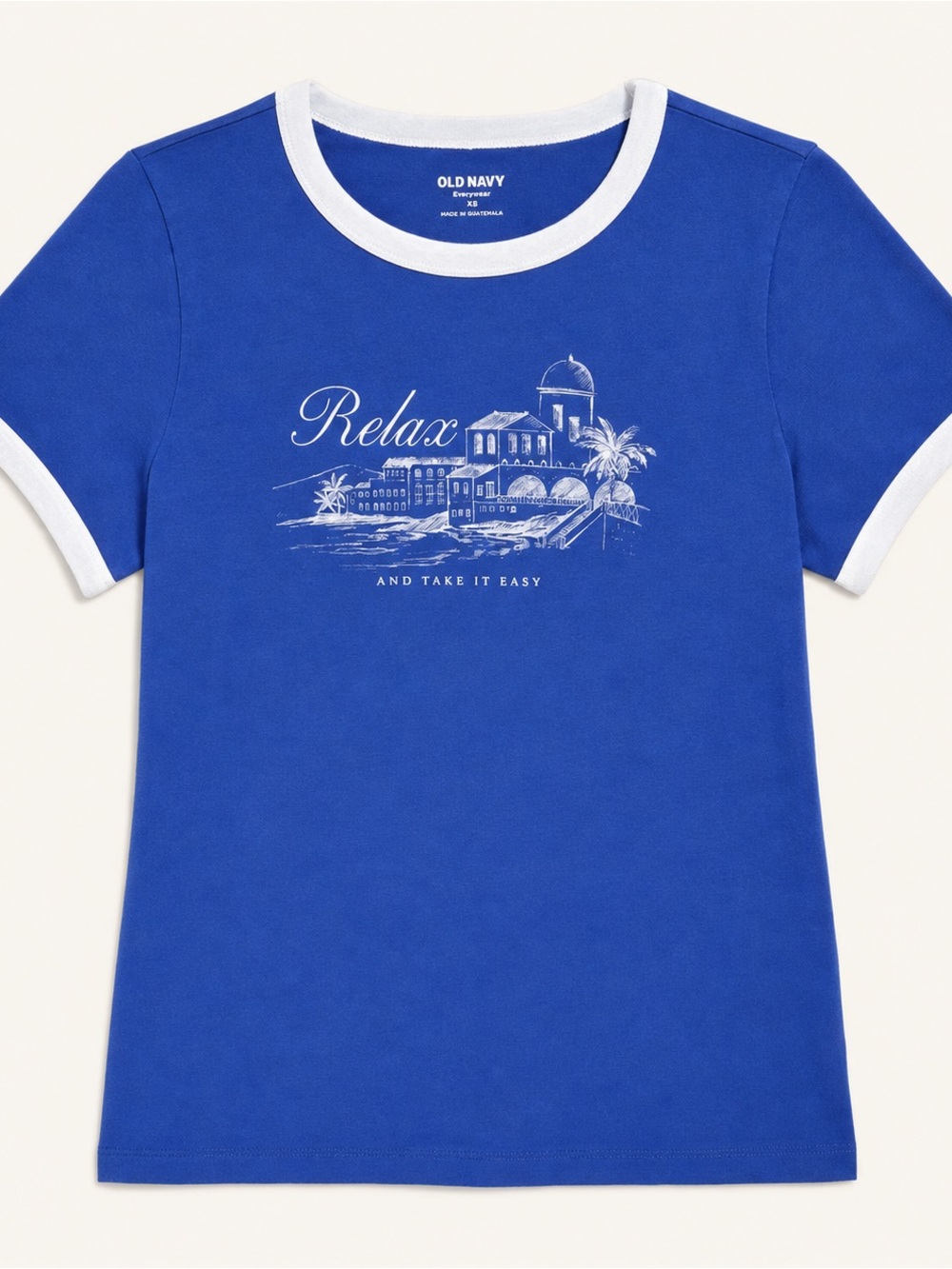 Old Navy Blue Ringer Tee with White Graphic Trim